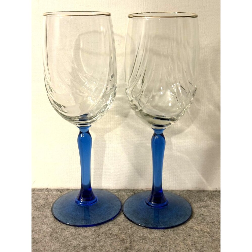 Set of 2 Vintage Lenox Drape Design Blue Stemmed Wine Glasses w/ Gold Rim  # 334